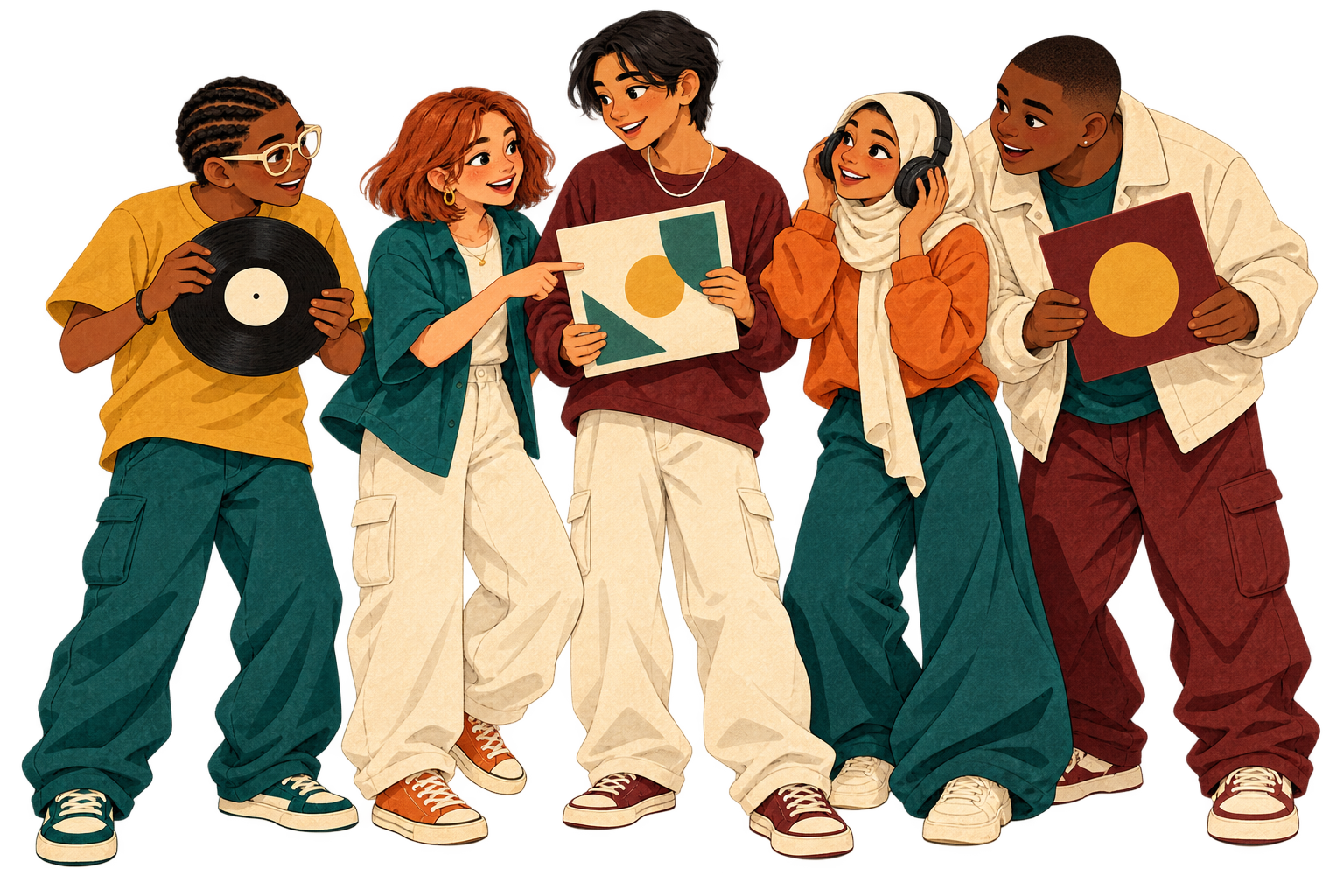 Five illustrated friends discover vinyl together, holding up records and sleeves and grinning.