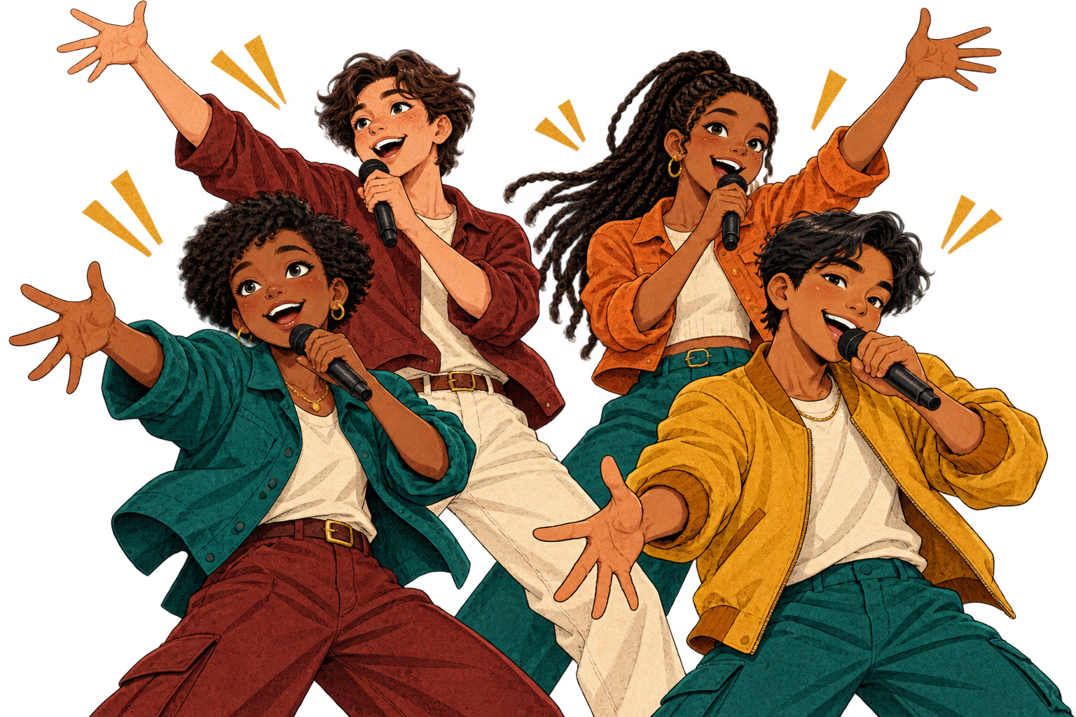 Four illustrated Legends in marigold, oxblood and teal sing into microphones with arms flung wide, caught mid-note.