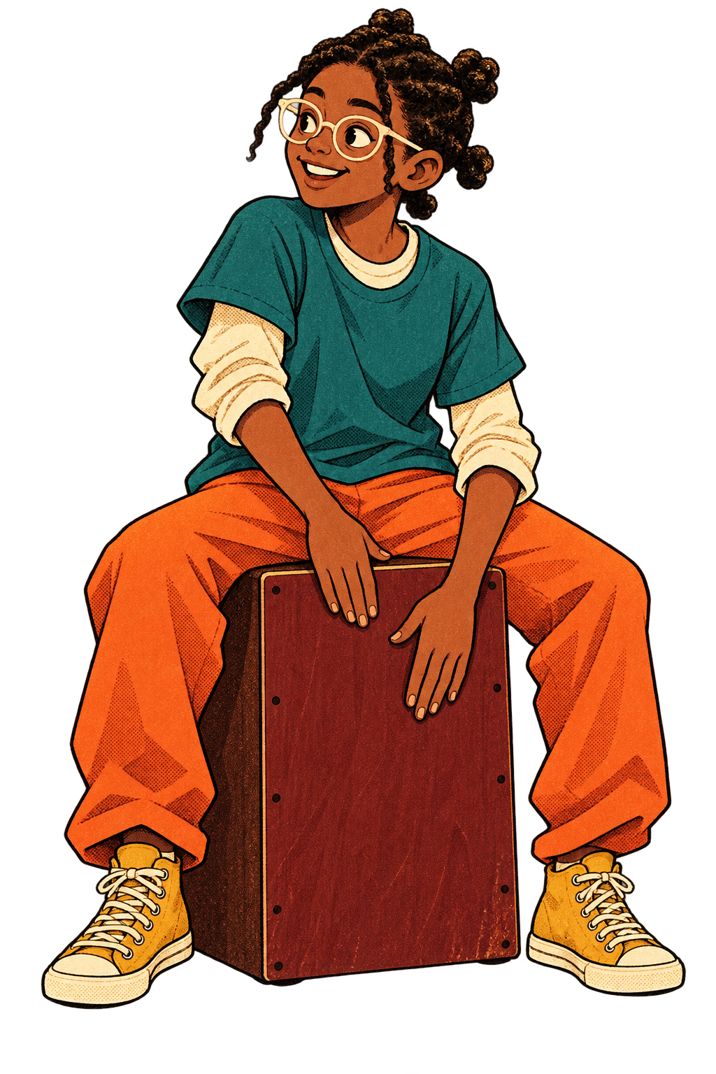 Smiling illustrated Legend with glasses seated on a cajón, keeping time with both hands.