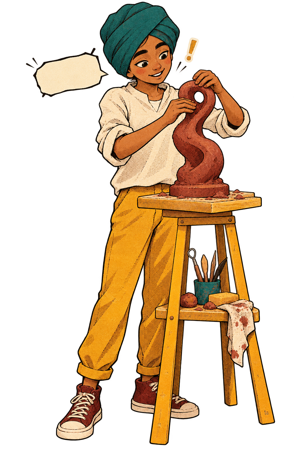 Illustrated Legend in a teal turban shaping a tall clay form on a wooden stool, tools and cloth beside.