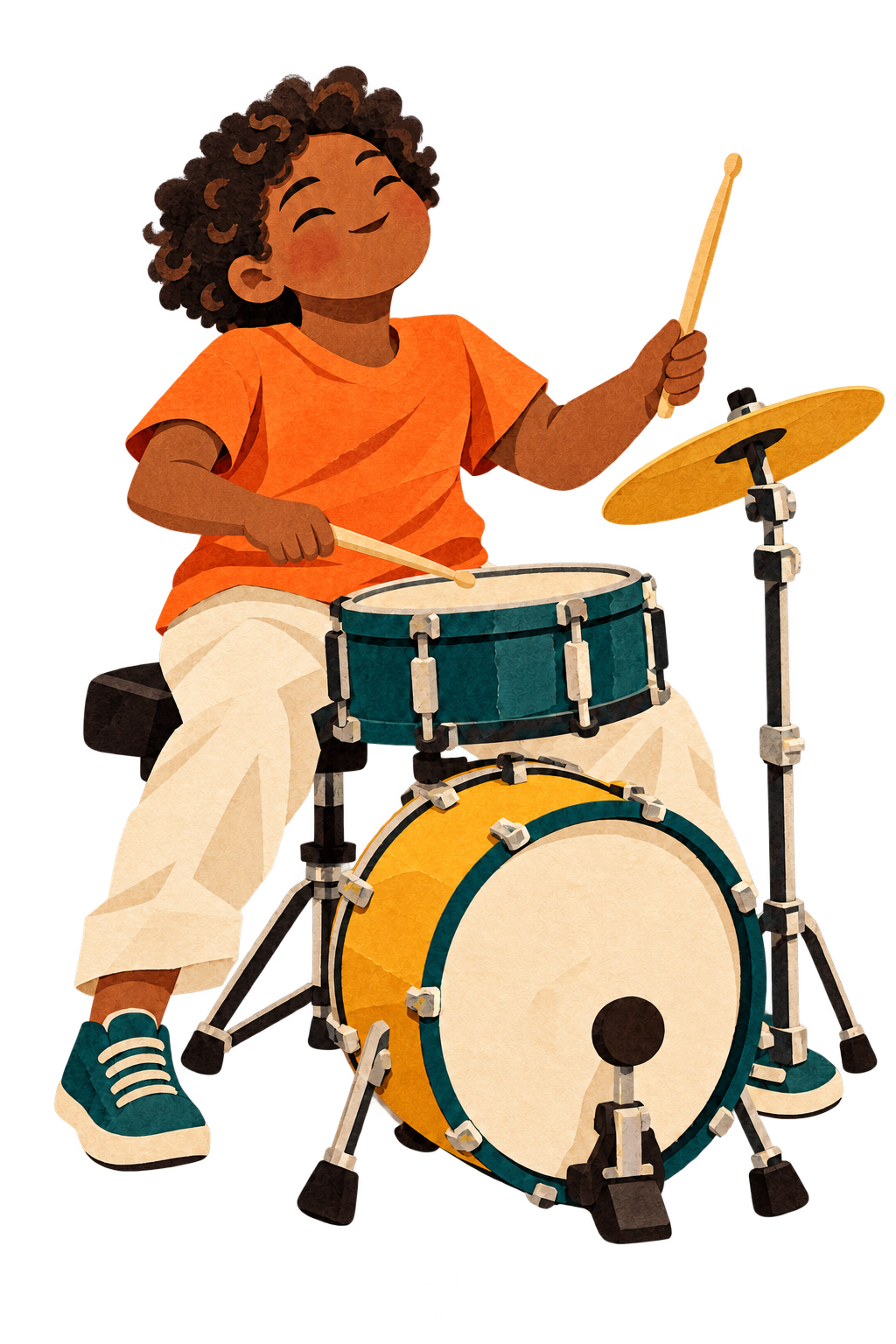 Illustrated Legend in an orange shirt plays a teal and marigold drum kit, cymbal lifted mid-crash.