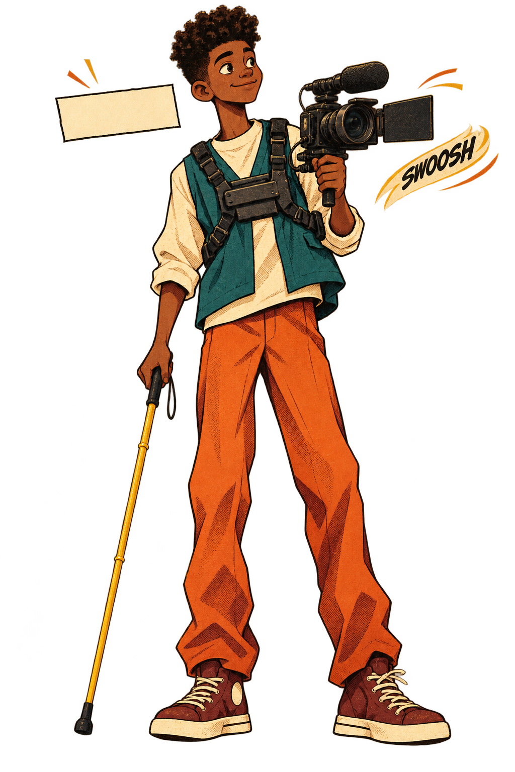 Tall illustrated Legend shoulders a video camera with a white cane in the other hand, a hand-lettered SWOOSH beside the lens.