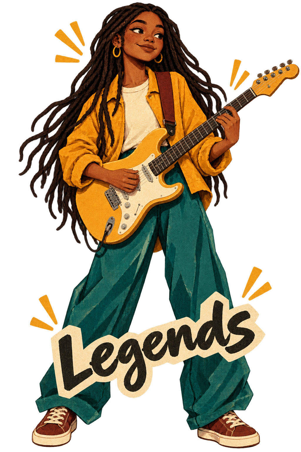 Illustrated Legend with long locs and a marigold jacket playing an electric guitar beside a hand-lettered word, Legends.