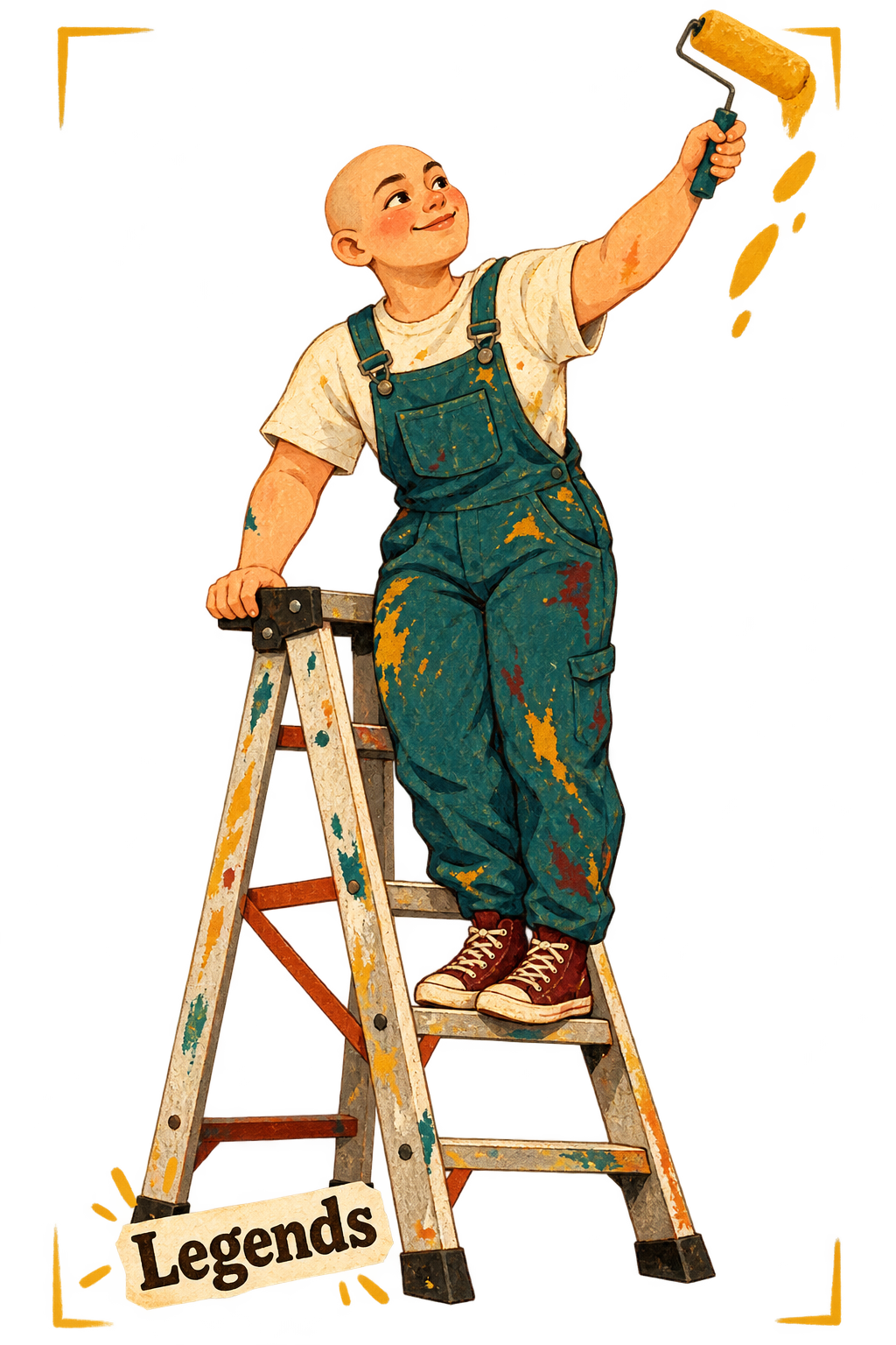 Illustrated Legend on a paint-splattered ladder rolls marigold paint onto a wall above the word Legends.
