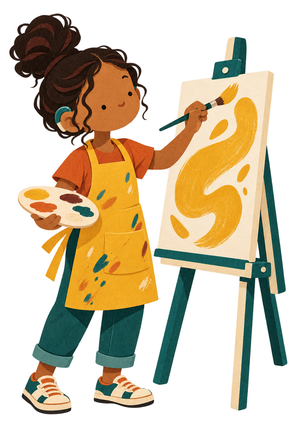Illustrated Legend in a marigold apron with hearing aids painting a sweeping yellow stroke on an easel.