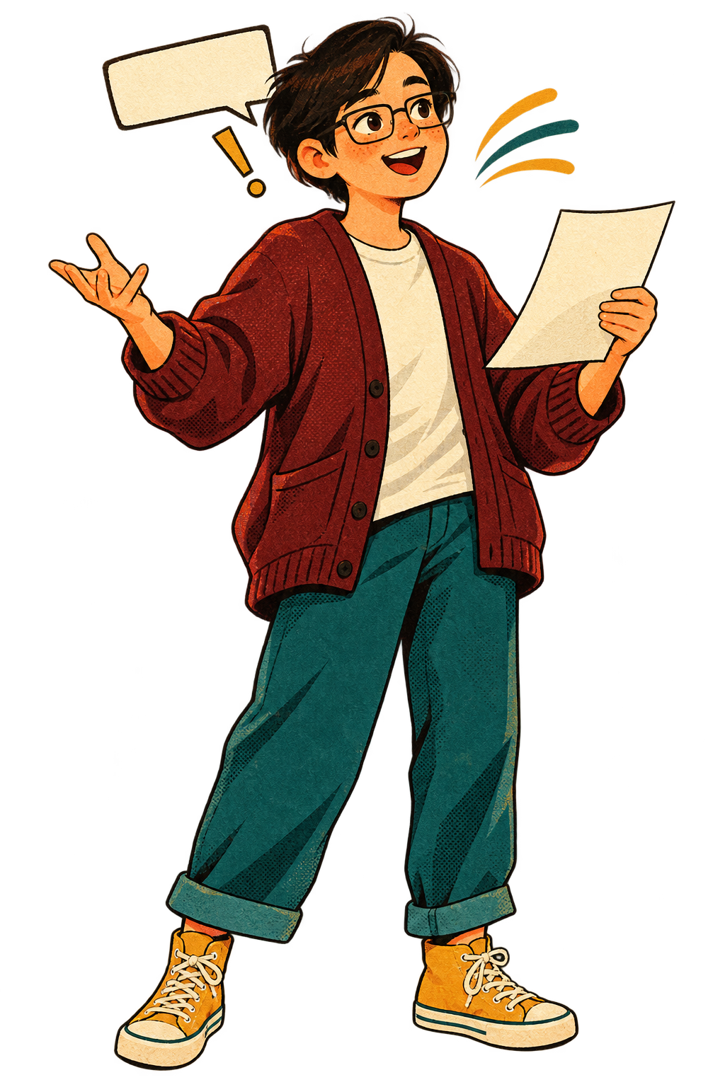 Illustrated Legend with glasses reading a poem aloud from a page, a speech box above and sound lines around.