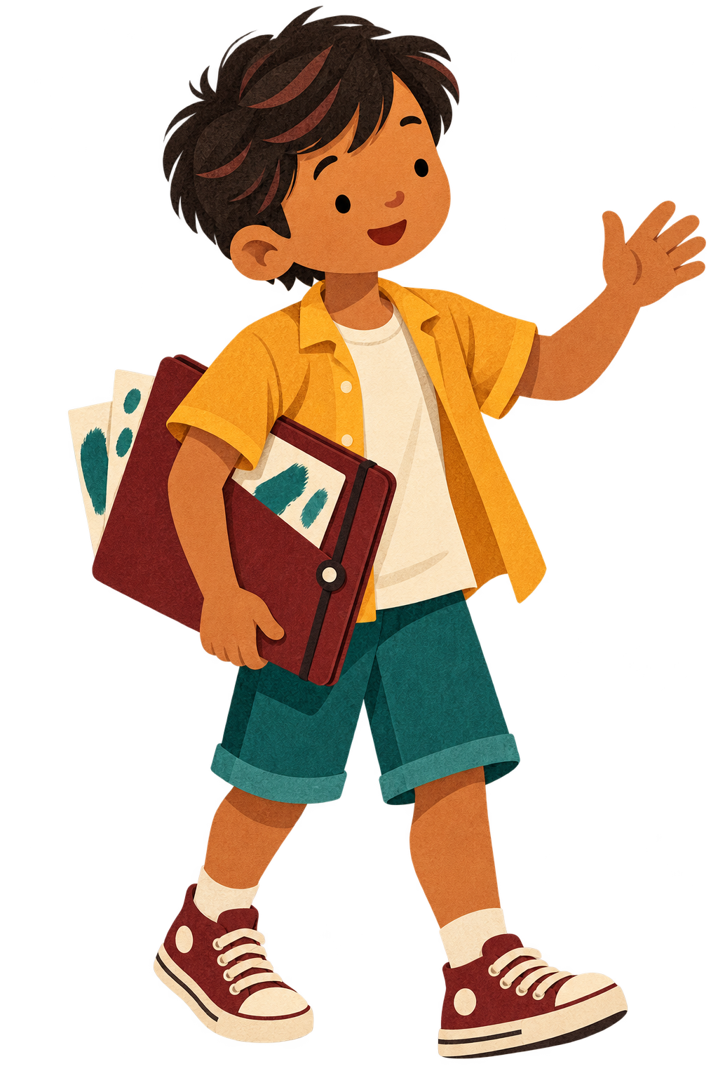 Illustrated Legend in a marigold shirt arrives with a portfolio under one arm, hand raised in a wave.