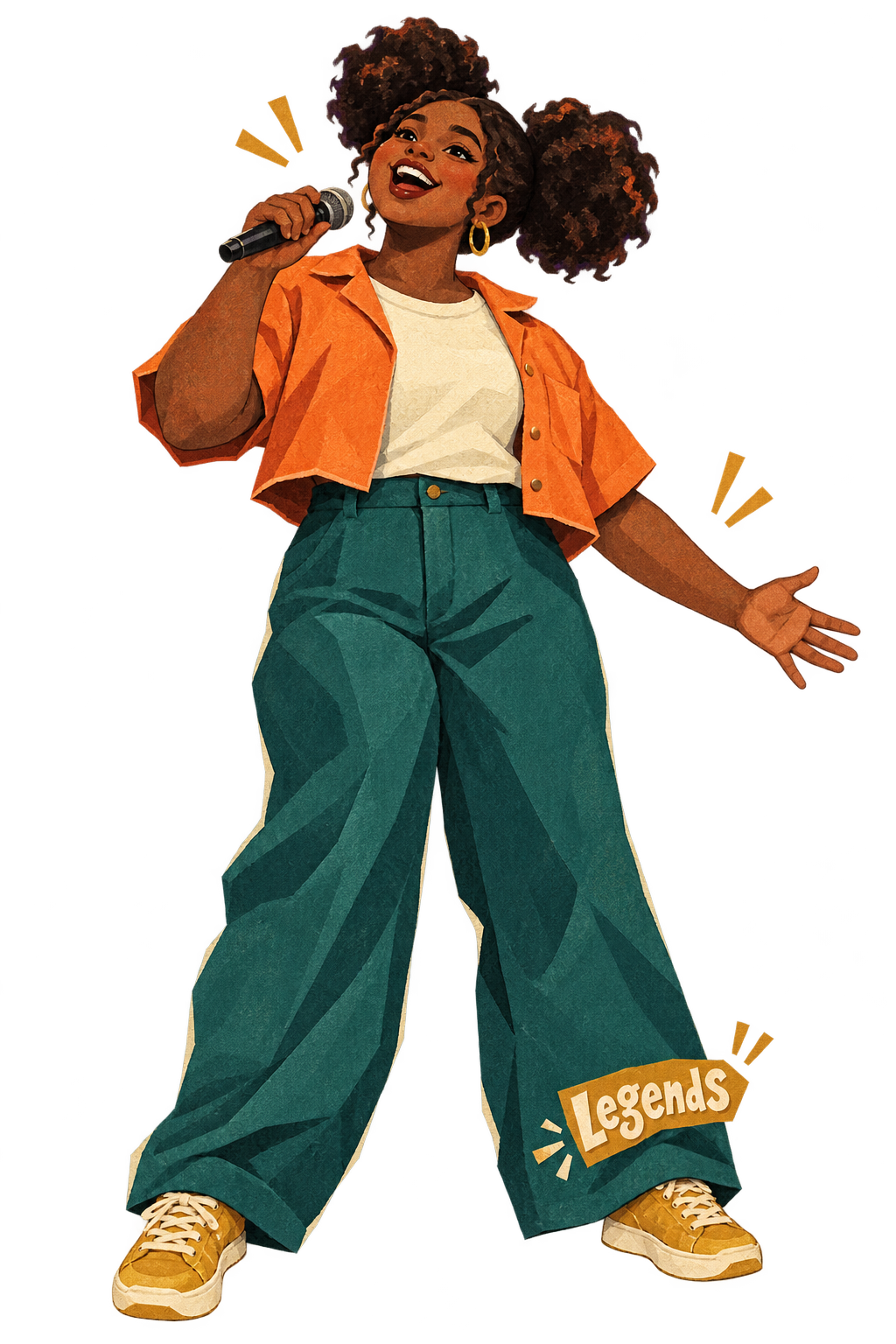 Illustrated Legend in an orange shirt singing into a handheld microphone, arms wide, eyes shut with joy.