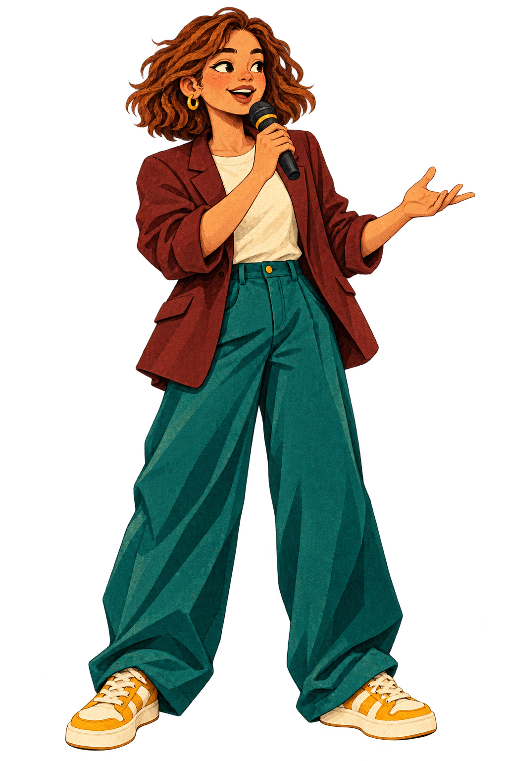 Illustrated Legend in an oxblood blazer speaks into a microphone, one hand open to the room.
