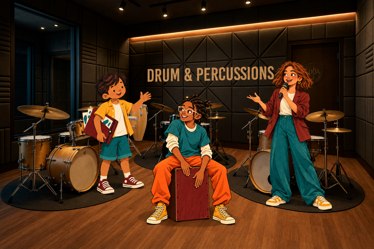 Three illustrated Legends inside the Drum and Percussions room: one on cajón, one with a hand drum, one speaking with arms open.