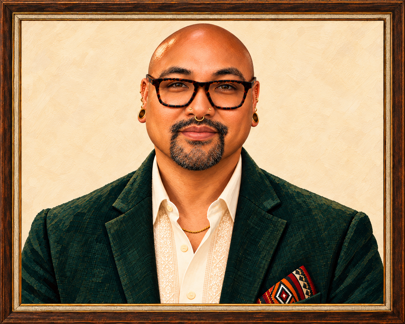 Painted bust portrait of RJ Mabanta in glasses, a dark green jacket and a patterned pocket square, smiling warmly, in a wooden gallery frame.