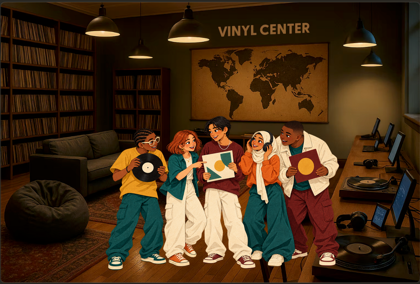 Five illustrated Legends hold records in the Vinyl Center, surrounded by shelves of albums, turntables and a world map under pendant lights.