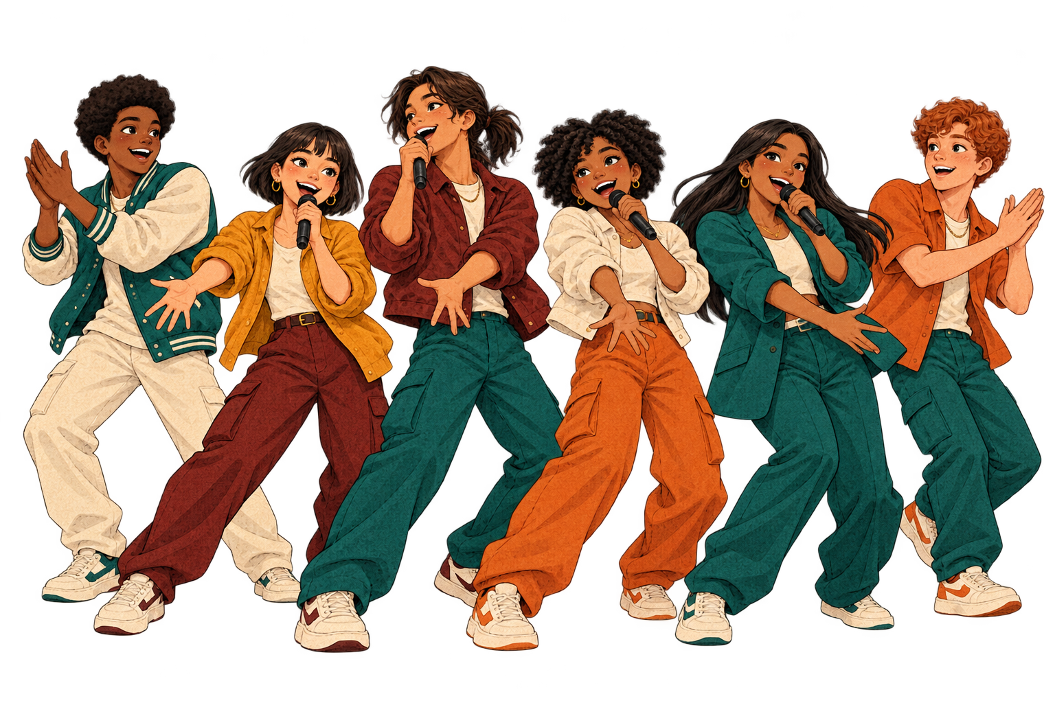 Six illustrated Legends in teal, marigold and oxblood sing and dance in a loose line, microphones up.
