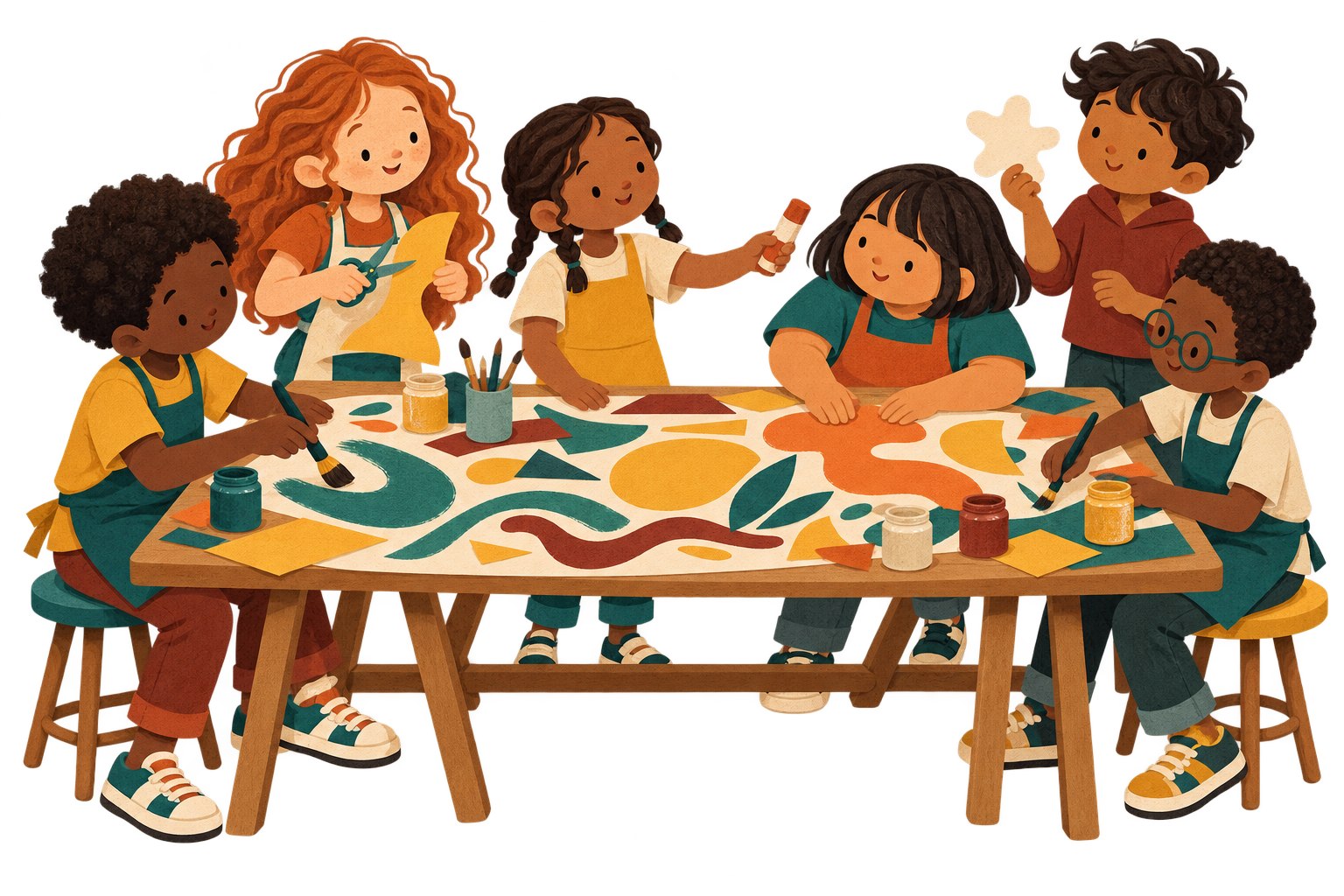 Six illustrated Legends paint a large mural of leaves and shapes together across a wide table, brushes in hand.